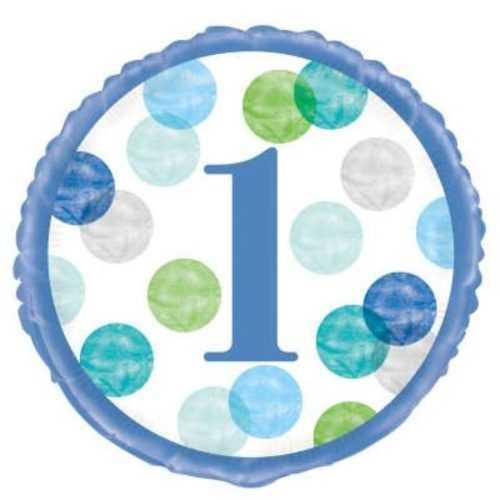 1. születésnap kék fólia léggömb pöttyös pöttyökkel - 45 cm - UNIQUE