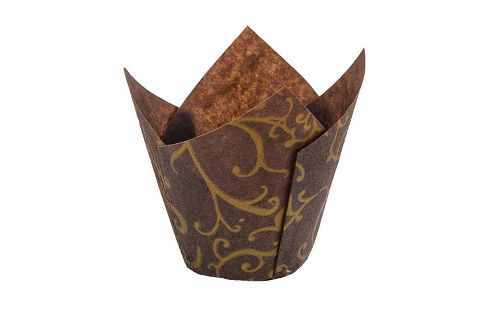 Barna tulipán muffin kosár arany mintával (12 db) -