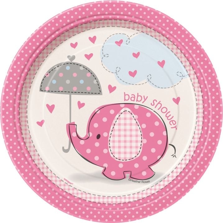 Papír tányér elefánt umbrellaphants "Baby shower" - Lány / Girl 17 cm