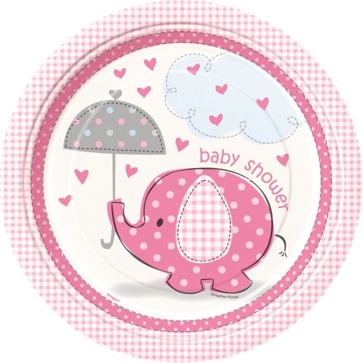 Papír tányér elefánt umbrellaphants "Baby shower" - Lány / Girl - 22 cm