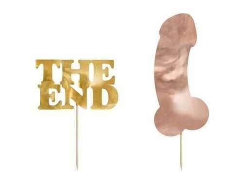 Tortadíszítés PENIS rózsa arany és "THE END" arany felirat - 2 db - Legénybúcsú - Bachelorette party - PartyDeco