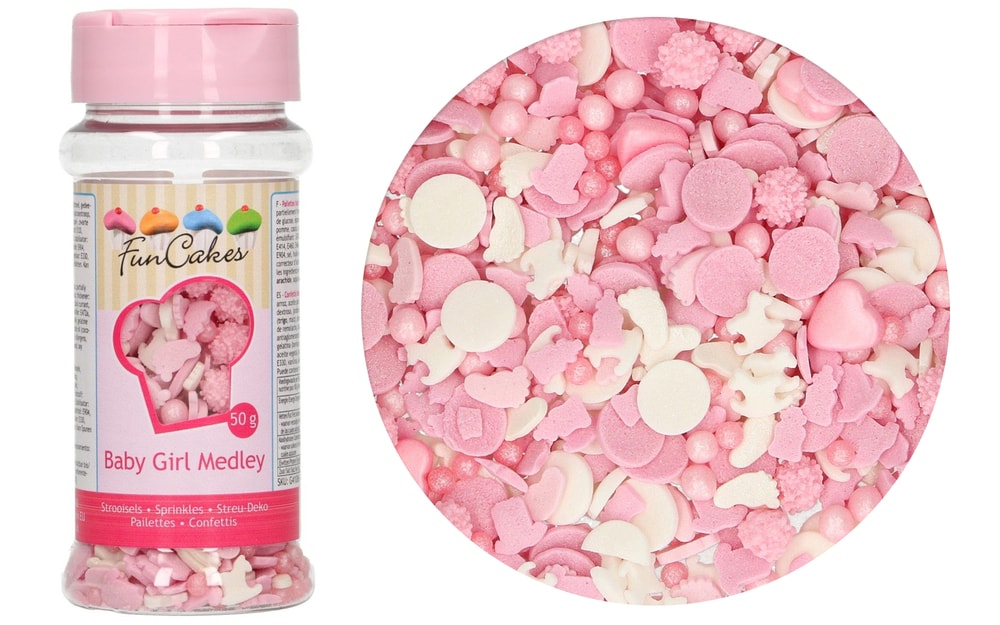 Rózsaszín és fehér cukor díszítés Baby Girl 50g - lány - FunCakes