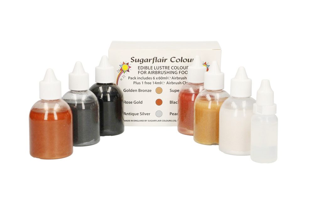 Hat darab fényűző csillámfestékből álló készlet + airbrush tisztító 6x14 ml - Sugarflair Colours