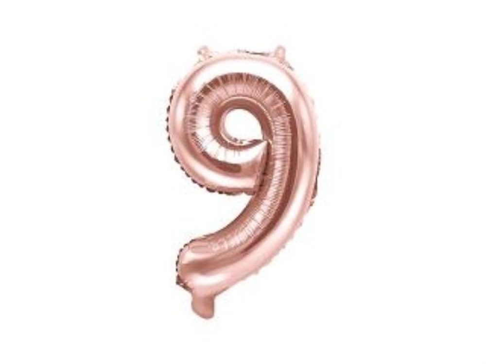 Rózsaarany fólia szám 9 - 35 cm - (NEM TÖLTHETŐ HÉLIUMMAL) - PartyDeco