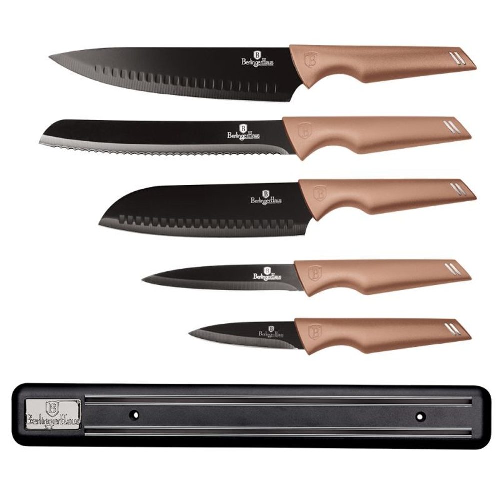 Rose Gold Edition 6 darabos tapadásmentes konyhai kés készlet mágneses tartóval - BERLINGERHAUS